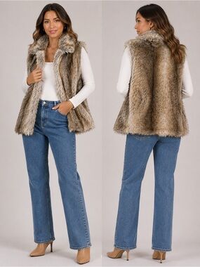 Magic Faux Fur Sleeveless Vest in Taupe Brown Large